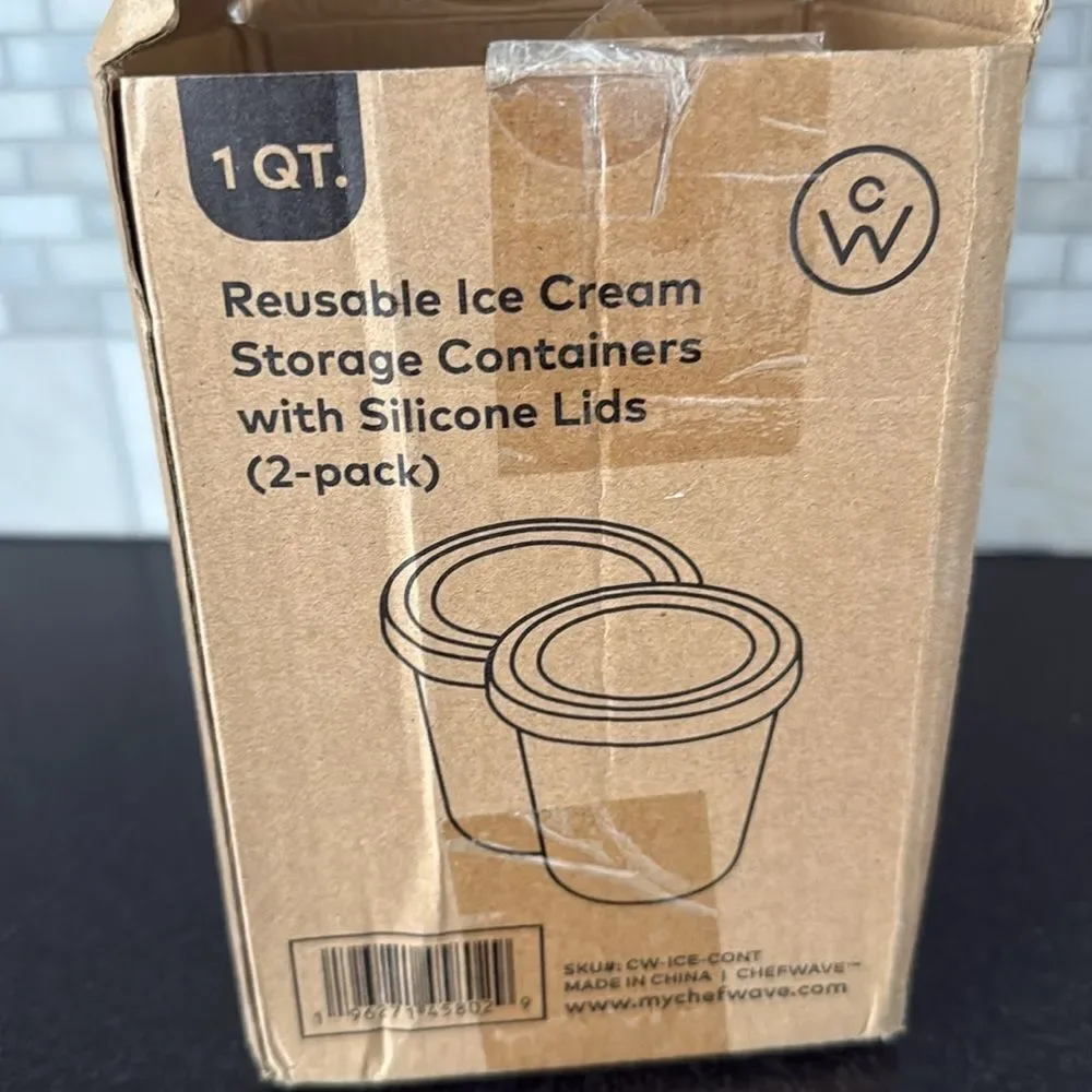 ChefWave Ice Cream Containers 2-Pack Red Silicone Lids White Body 1 QT Each 32oz